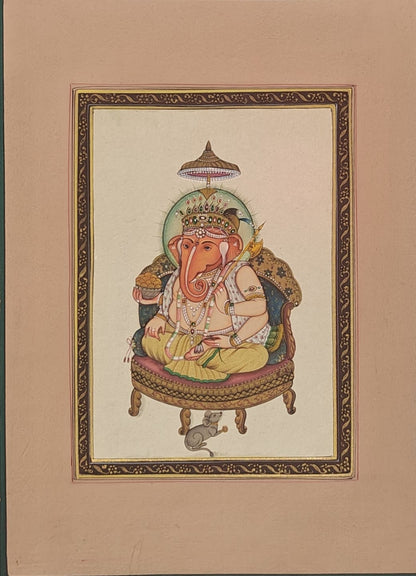 Hand-Painted Lord Ganesha Miniature Painting | Seated with Mouse & Ornaments | 8x10.5 inch