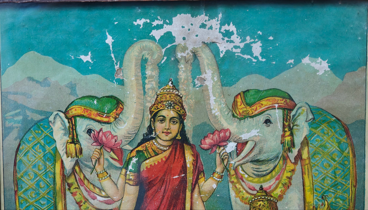 Vintage Oleograph | Goddess Saraswati & Lakshmi | Wisdom & Prosperity | Framed | 10x14 inch