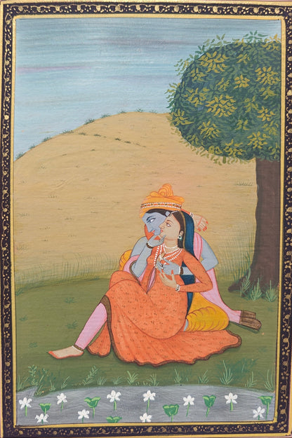 Handpainted Radha Krishna under the tree miniature painting on paper, unframed, 14 x 21 cm