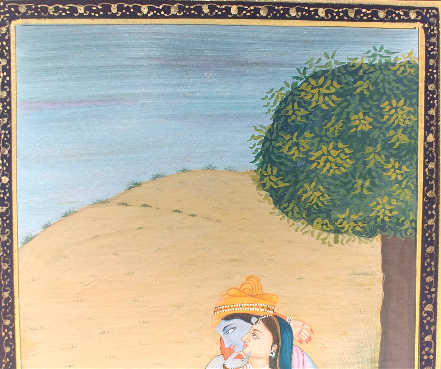 Detail of tree, hills and water in Radha Krishna under the tree miniature artwork