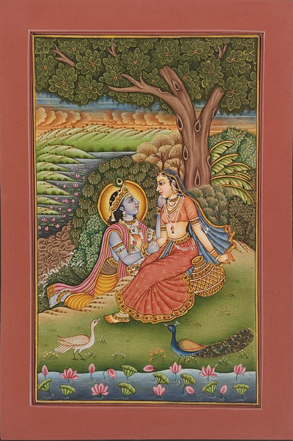 Radha Krishna Miniature Painting | Eternal Love in Nature | Rajasthani Style | 9x12.5 inch