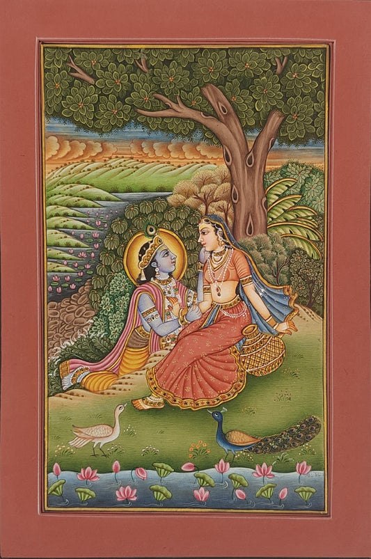 Radha Krishna Miniature Painting | Eternal Love in Nature | Rajasthani Style | 9x12.5 inch