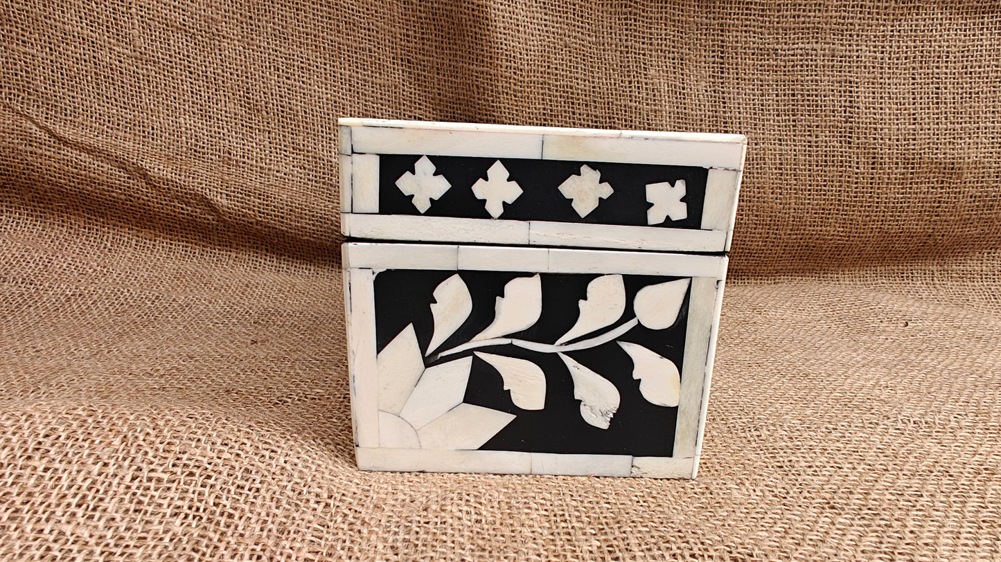 Bone Inlay Floral Box | Black Resin | Handcrafted Jewellery & Keepsake Box | 9x4.5 inch