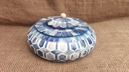 Bone Inlay Tobacco Box | Blue Bone & White Resin | Handcrafted Decorative Box | 8x8 inch