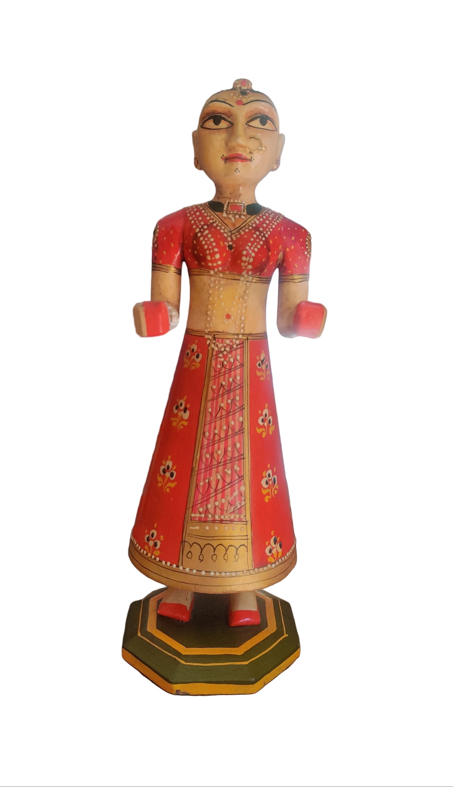 Rajasthani bride and groom wooden figurines in vivid red with floral motifs bride