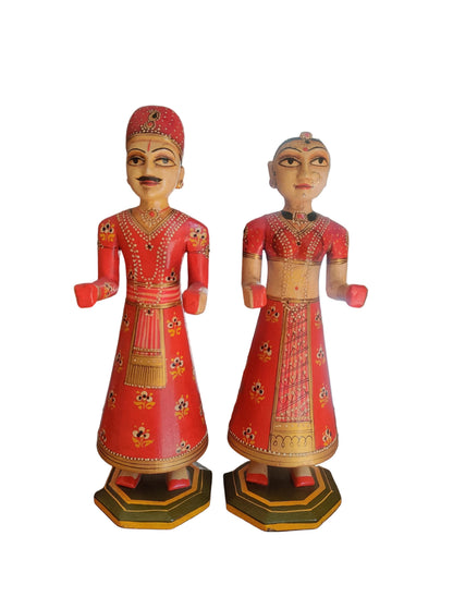 Hand-painted Rajasthani wedding couple wooden figurines, 9 inch, set of 2