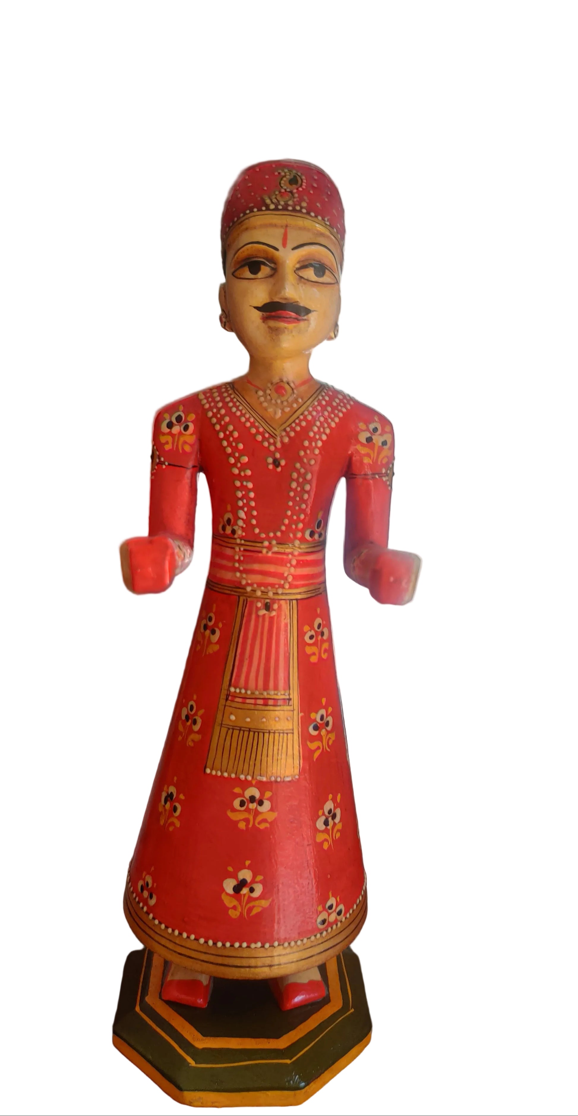 Rajasthani bride and groom wooden figurines in vivid red with floral motifs.
