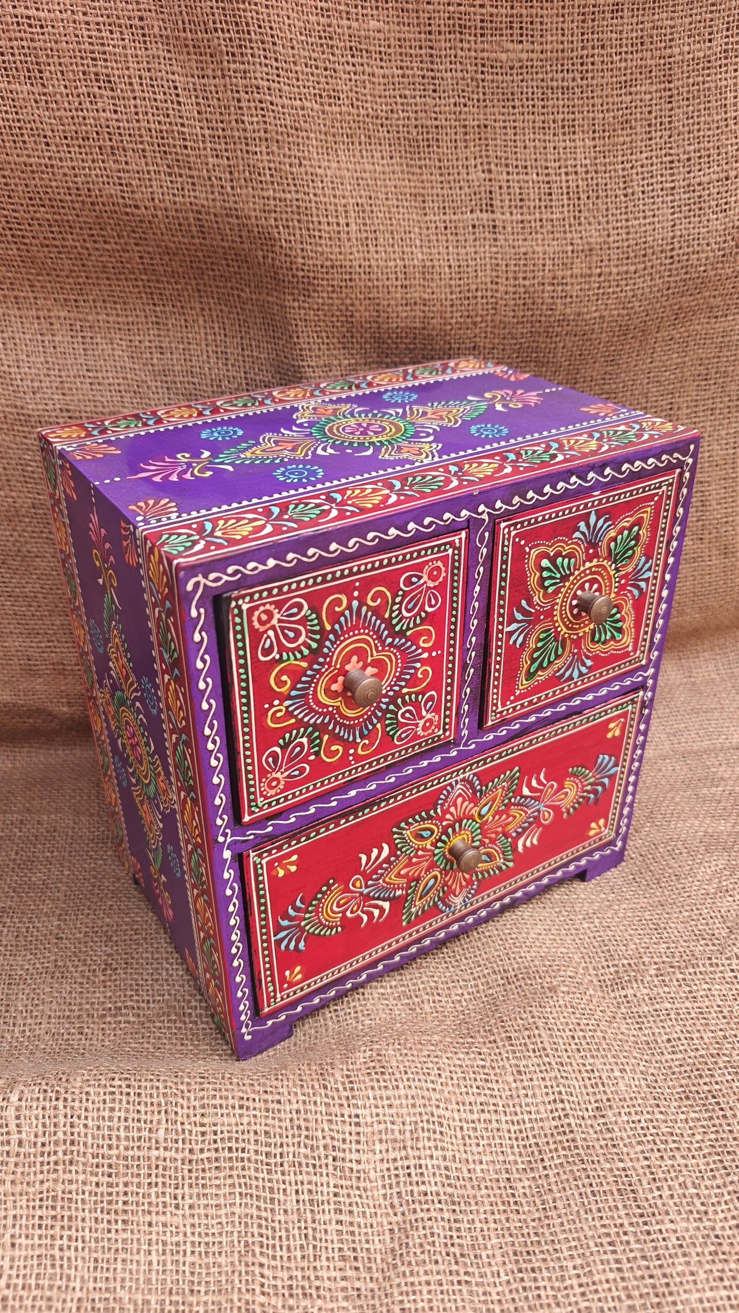 Handcrafted Painted Wood Chest with 3 Drawers | Red & Purple | Decorative Storage