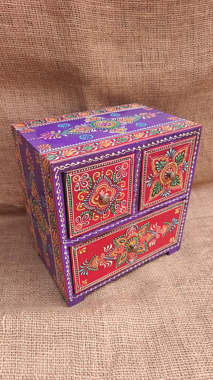 Handcrafted Painted Wood Chest with 3 Drawers | Red & Purple | Decorative Storage