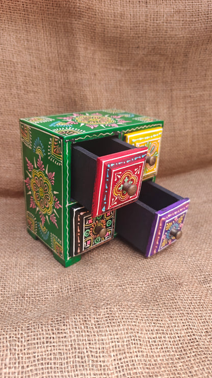 Handcrafted Painted Wood Chest with 4 Drawers | Red Yellow Green Purple | Decorative Storage