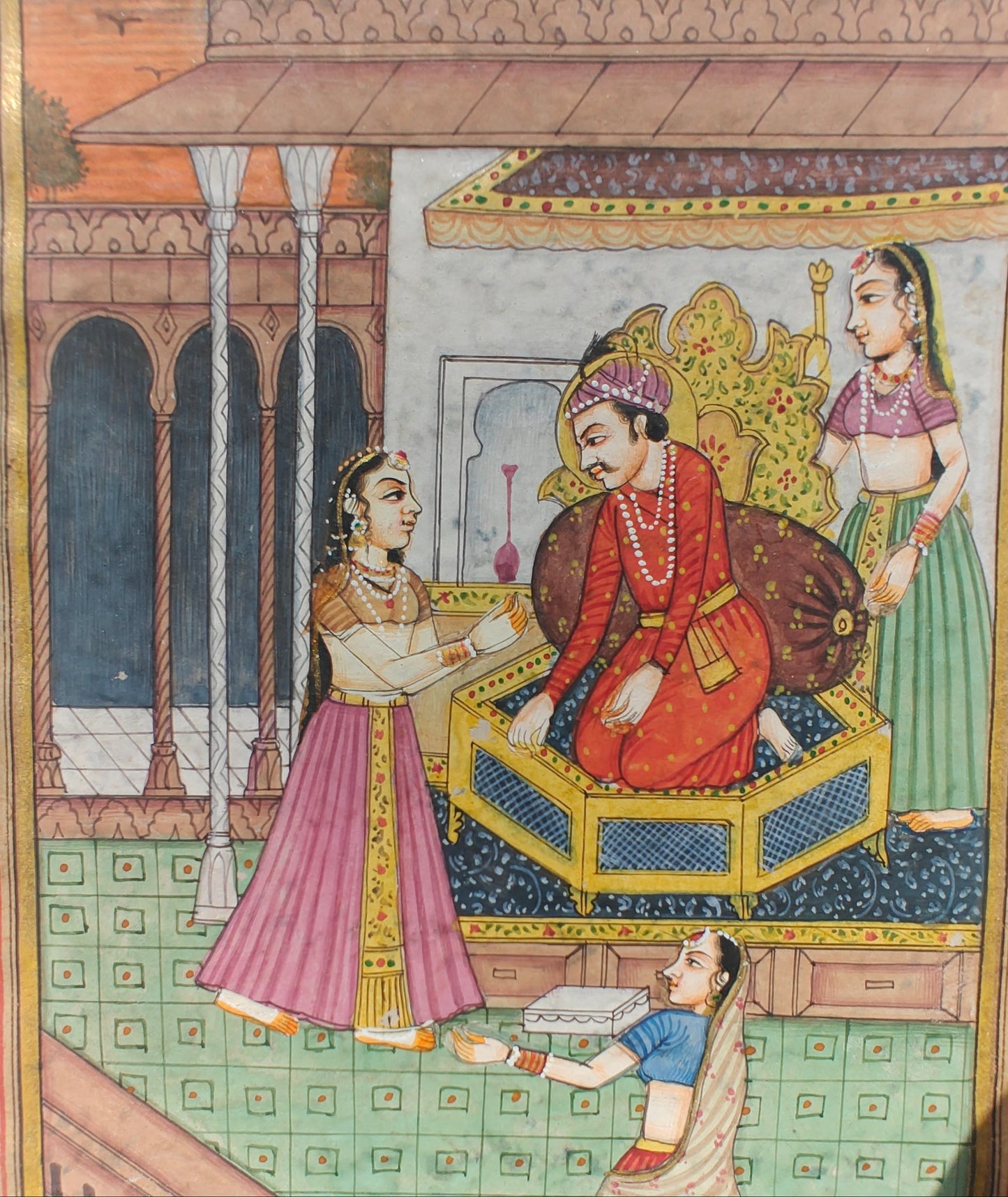 Detail of attendants and patterned floor in royal court scene miniature artwork