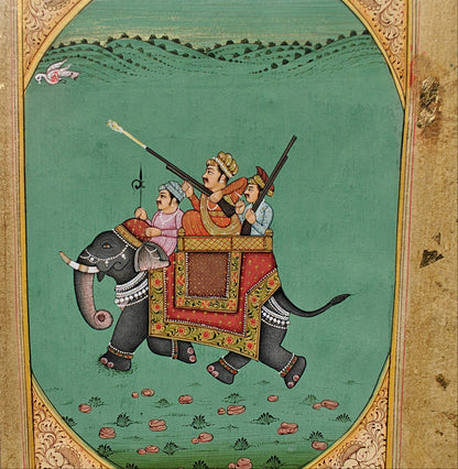 Angled view of royal hunting party on elephant miniature painting showing gold-flecked mount