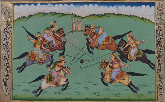 Handpainted royal polo match miniature painting on paper, unframed, 20.5 x 12.5 cm