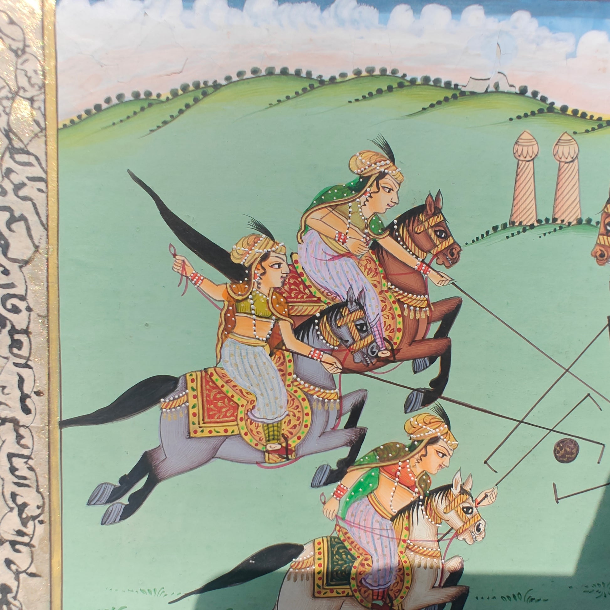 Detail of decorated horses, saddles and bridles in royal polo match miniature artwork