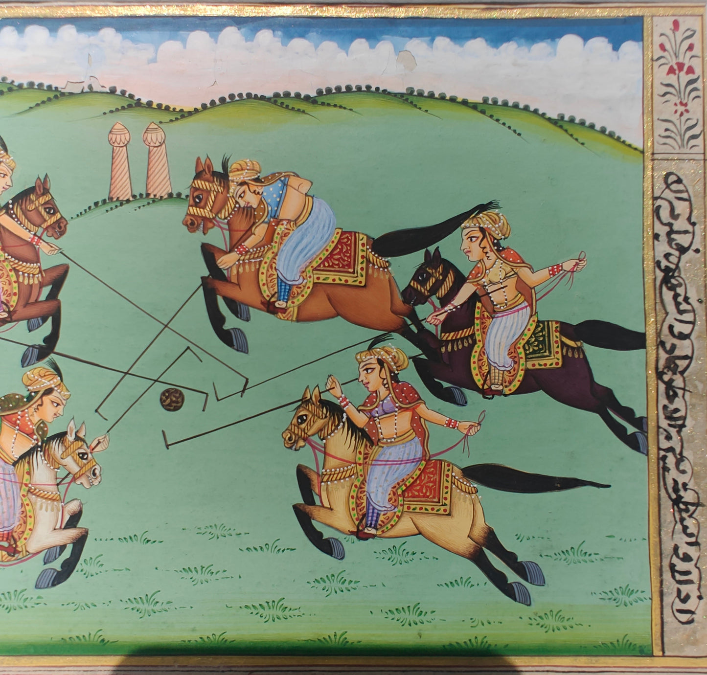 close-up of nobles on horseback chasing the ball in royal polo miniature painting
