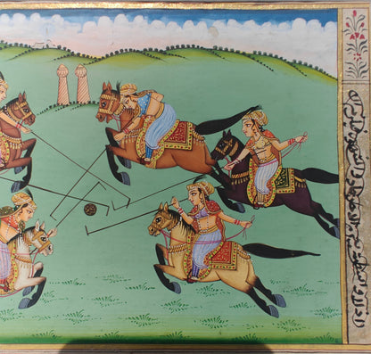 close-up of nobles on horseback chasing the ball in royal polo miniature painting
