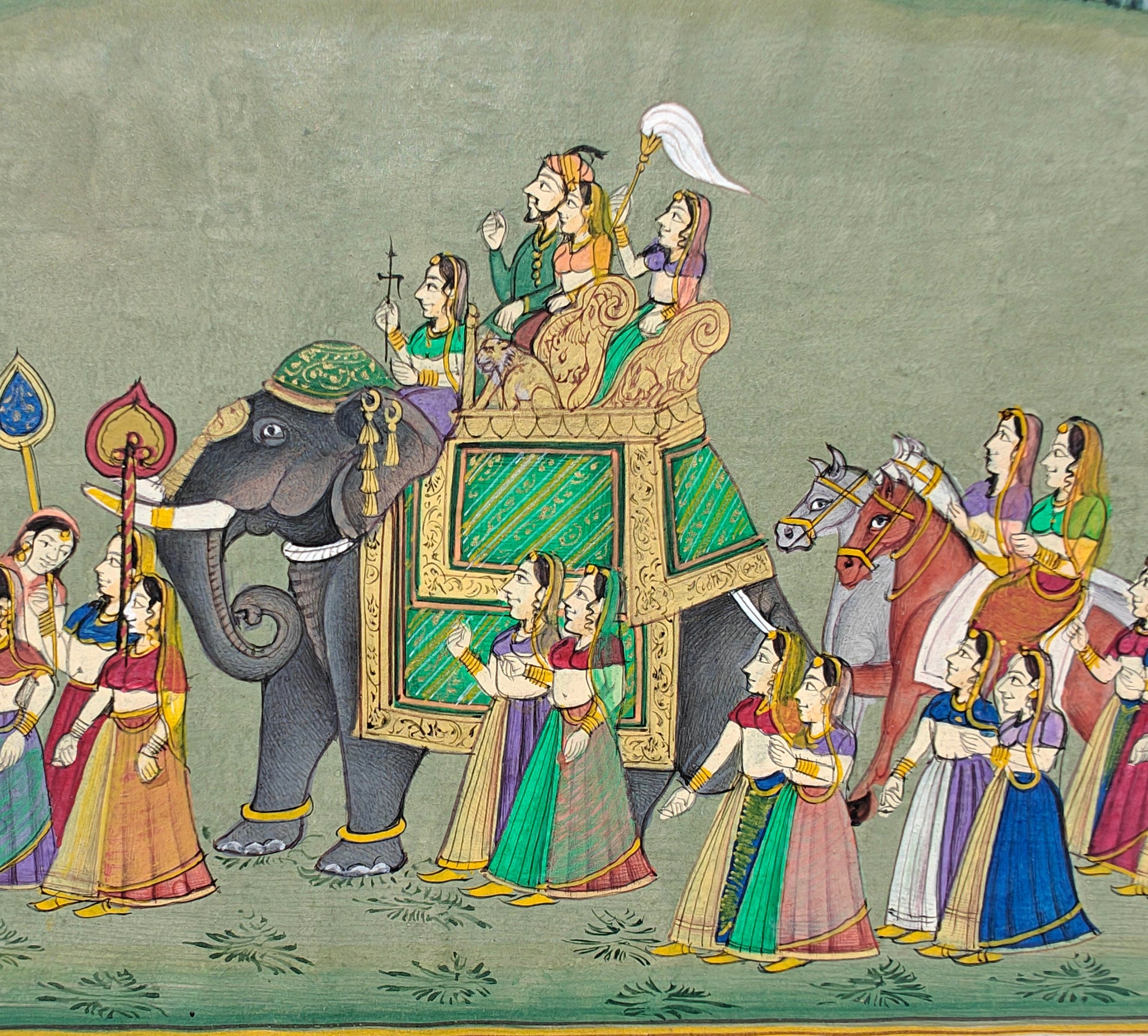 Close-up of richly adorned elephant and riders in royal procession miniature painting