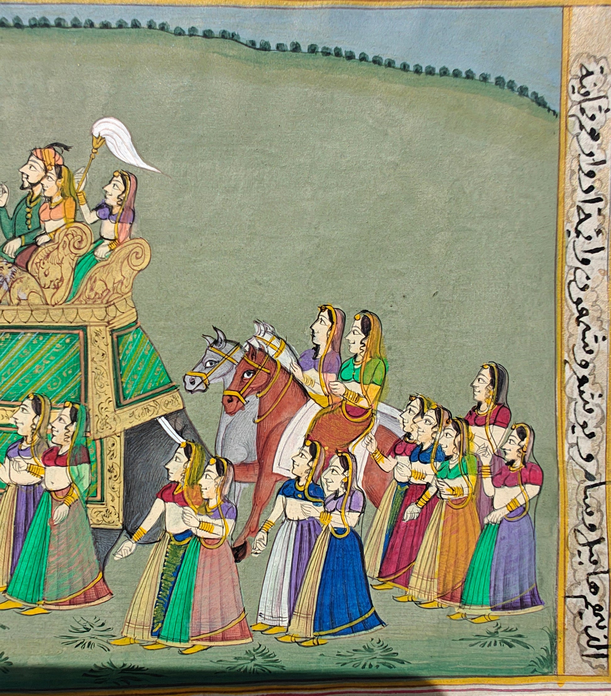 Detail of women in colourful ghagras in royal procession miniature artwork on paper
