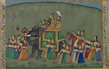 Handpainted royal elephant procession miniature painting on paper, unframed, 17 x 11 cm