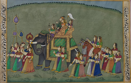 Handpainted royal elephant procession miniature painting on paper, unframed, 17 x 11 cm