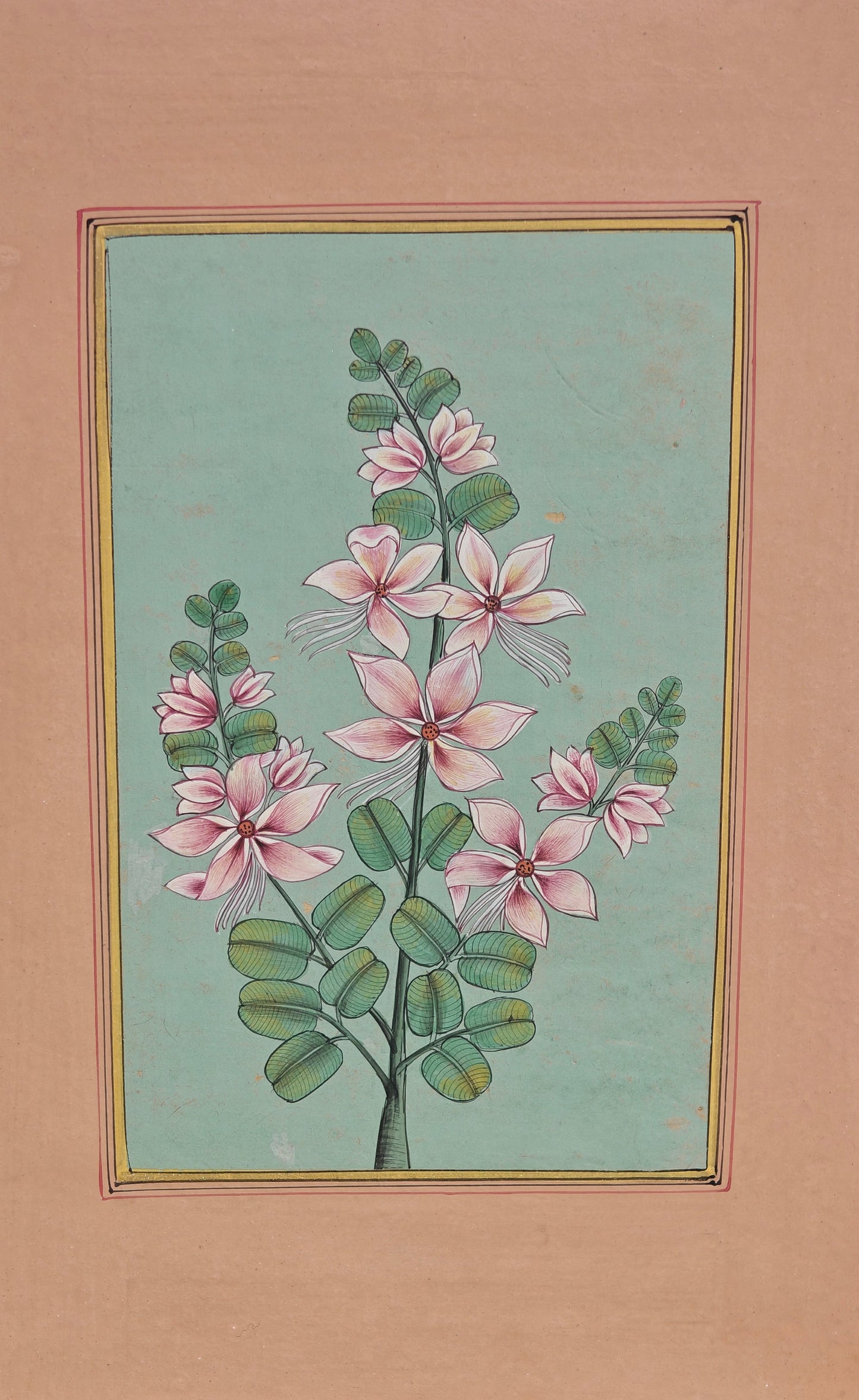 Hand-Painted Floral Miniature Painting | Pink Blossoms & Green Foliage | Pastel | 6x9 inch