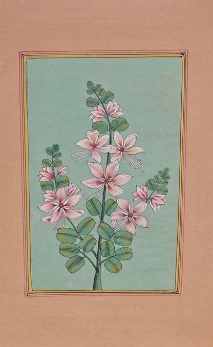 Hand-Painted Floral Miniature Painting | Pink Blossoms & Green Foliage | Pastel | 6x9 inch