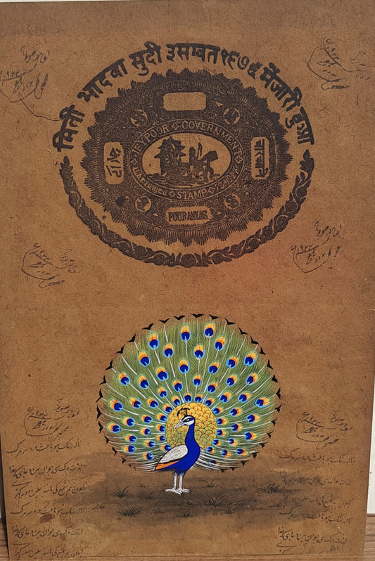 Vintage Peacock Art on Antique Stamp Paper | Blue Green Gold | Heritage Archival Art | 8.5x12.5 inch