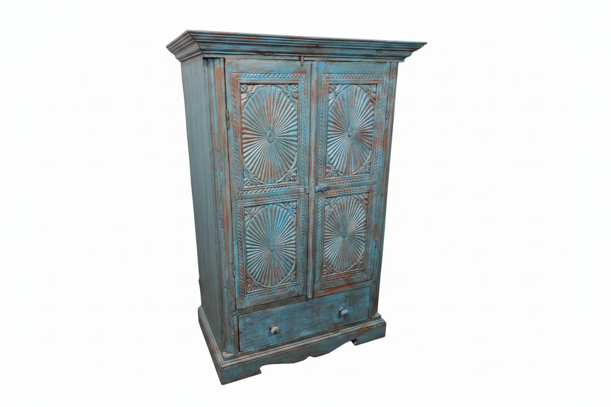 Antique Surajmukhi carved wooden cabinet — side angle showing depth and craftsmanship