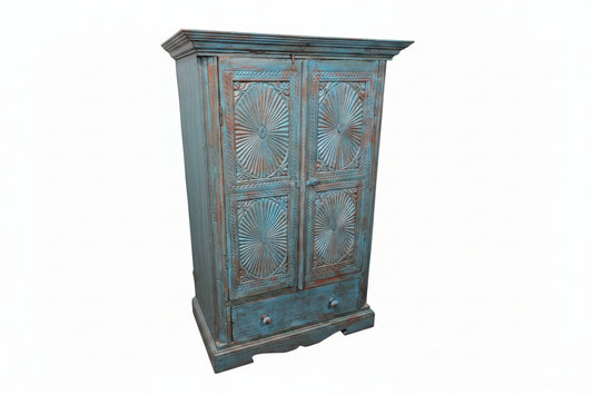 Antique Surajmukhi carved wooden cabinet — side angle showing depth and craftsmanship