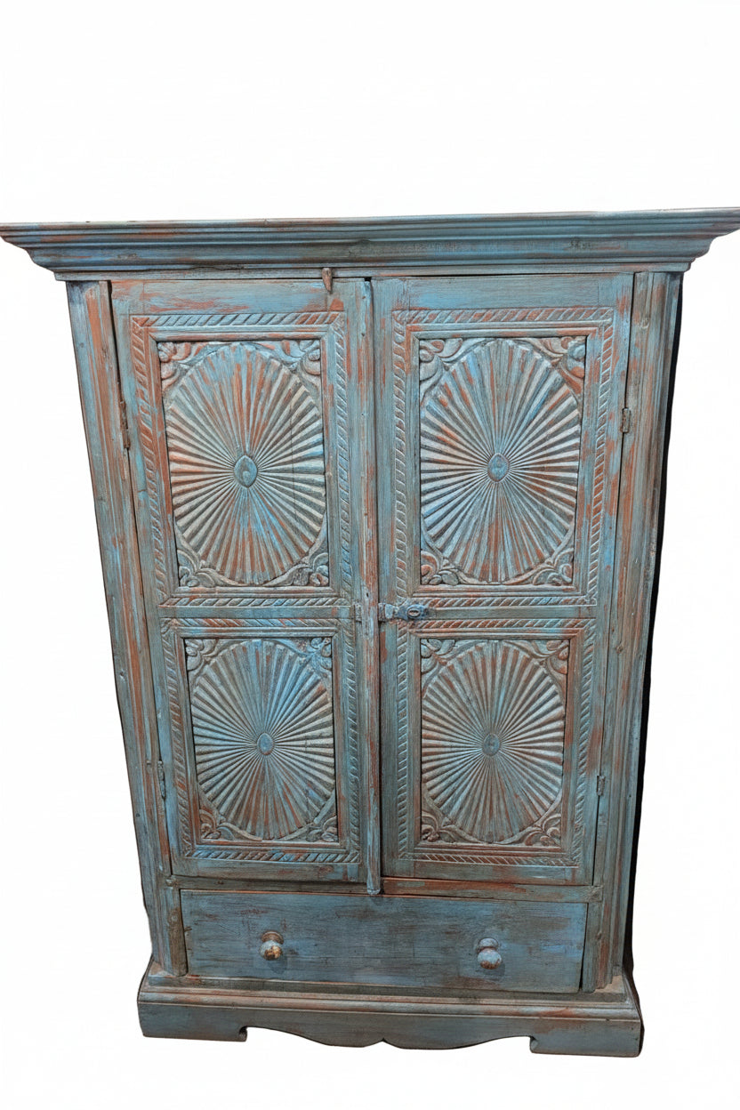 Vintage hand-carved Sunburst Surajmukhi Cabinet with bold radiating sun motif — front view