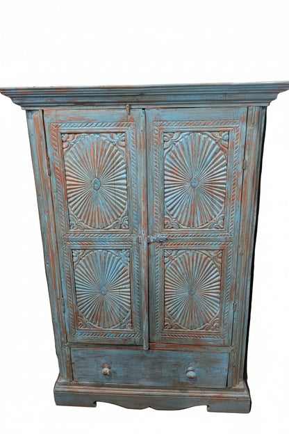 Vintage hand-carved Sunburst Surajmukhi Cabinet with bold radiating sun motif — front view