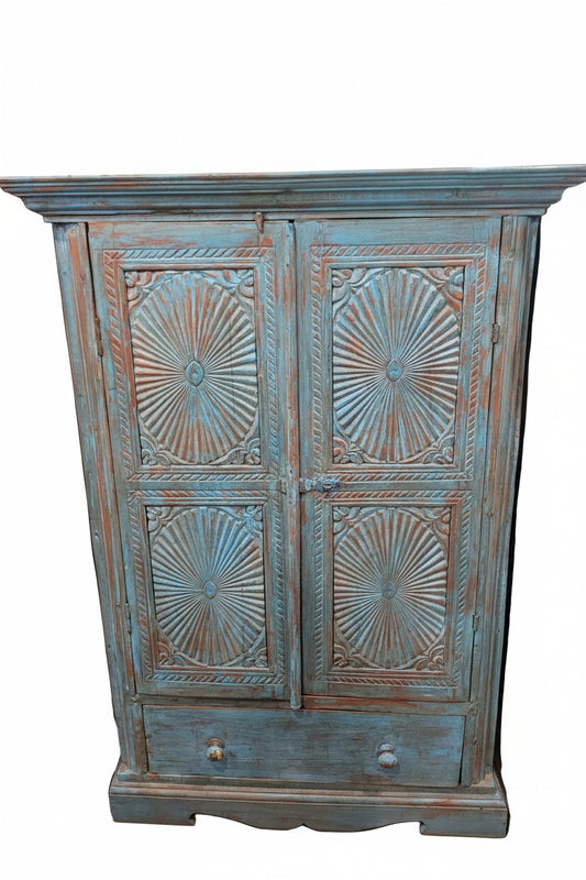 Vintage hand-carved Sunburst Surajmukhi Cabinet with bold radiating sun motif — front view