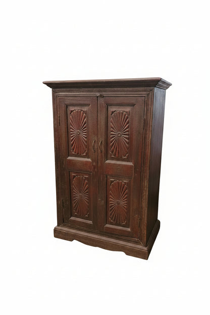 Vintage hand-carved Sunburst Surajmukhi Cabinet with radiating sun motif — front view