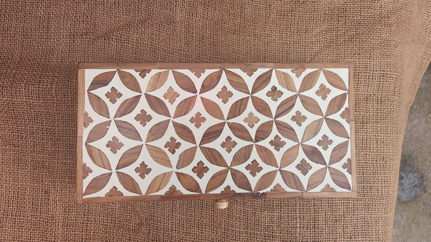Teak Wood Inlay Geometric Box | White Resin | Handcrafted Decorative Box | 12x6 inch