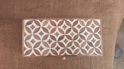 Teak Wood Inlay Geometric Box | White Resin | Handcrafted Decorative Box | 12x6 inch