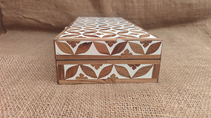Teak Wood Inlay Geometric Box | White Resin | Handcrafted Decorative Box | 12x6 inch