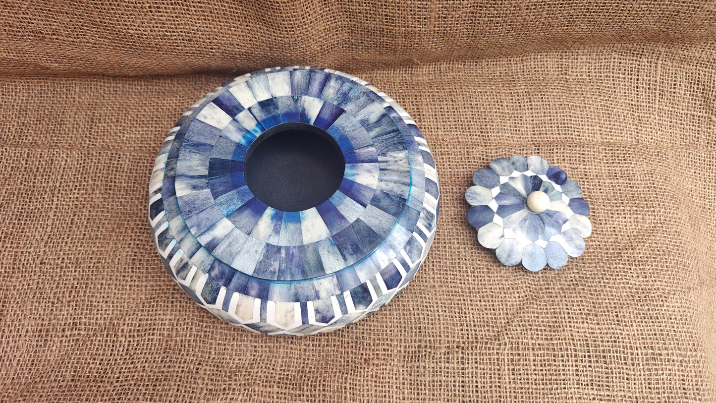 Bone Inlay Tobacco Box | Blue Bone & White Resin | Handcrafted Decorative Box | 8x8 inch