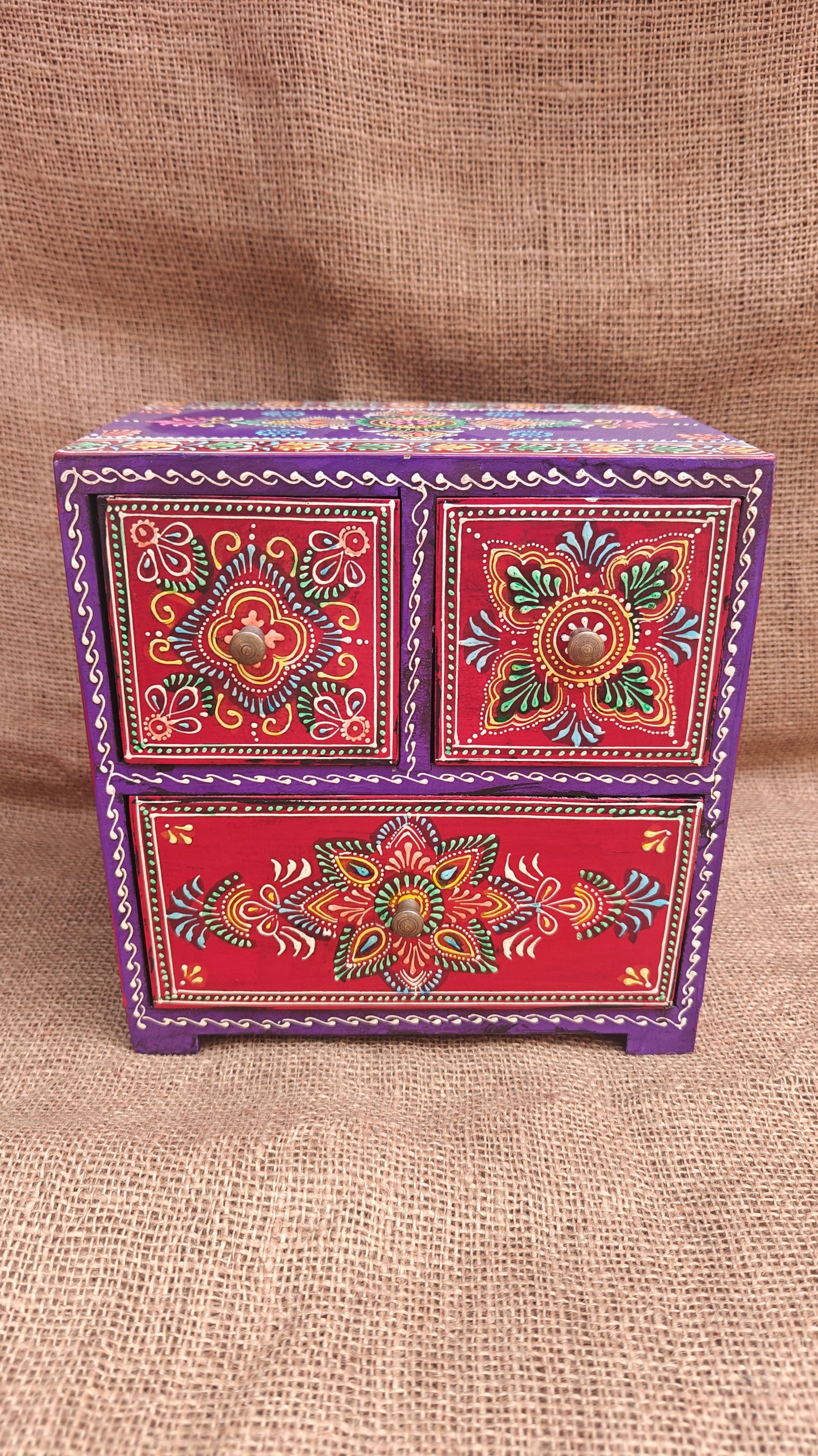 Handcrafted Painted Wood Chest with 3 Drawers | Red & Purple | Decorative Storage