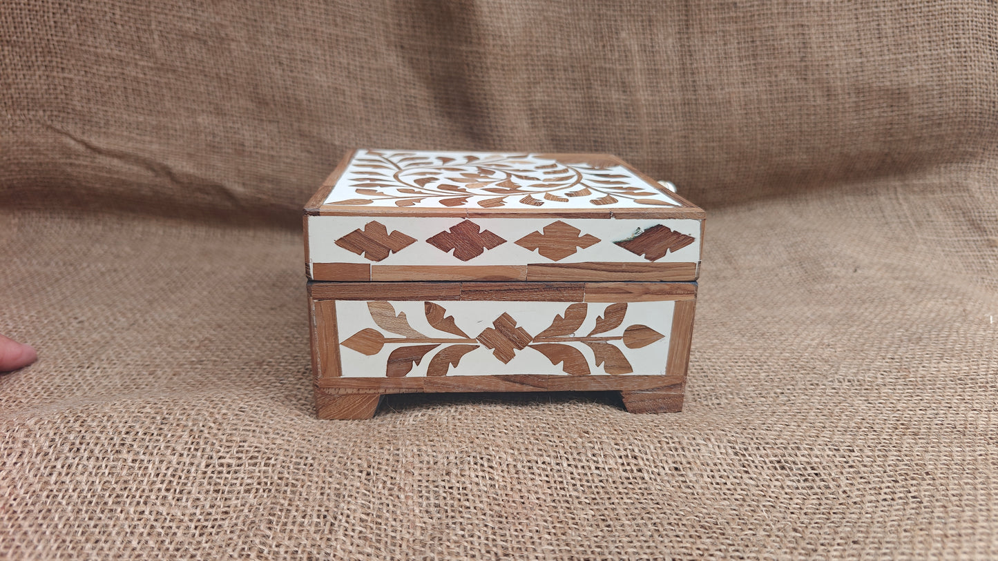 Teak Wood Inlay Floral Box | White Resin | Handcrafted Decorative Box | 6x6 inch