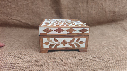 Teak Wood Inlay Floral Box | White Resin | Handcrafted Decorative Box | 6x6 inch