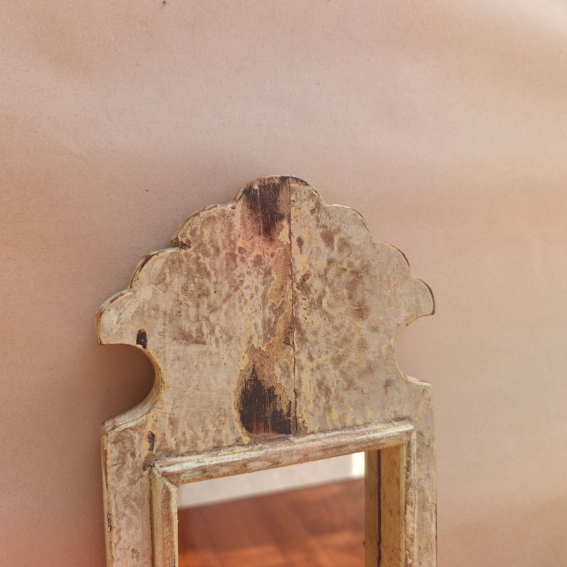 Side profile of vintage antique patina mirror showing frame depth