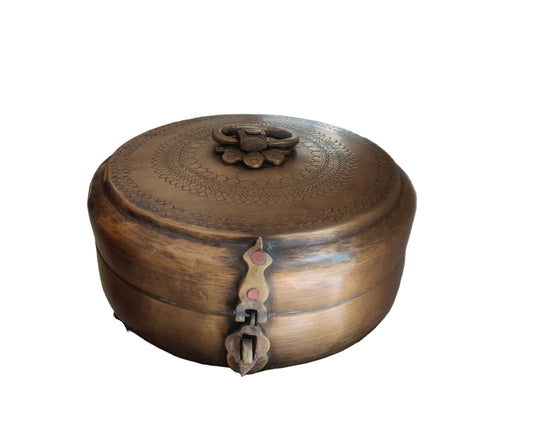 Vintage brass chapati box with natural aged patina, 60 years old