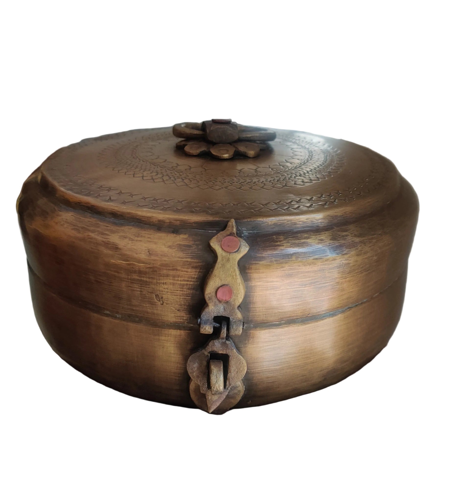 Original side latch clasp on antique Indian brass chapati box