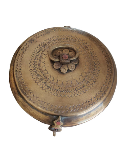 Hand-engraved mandala pattern on vintage brass chapati box