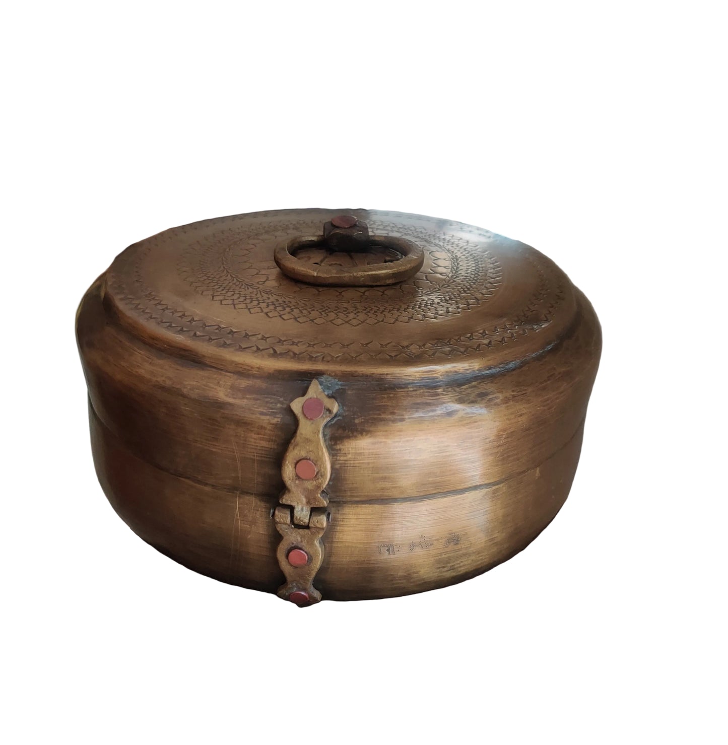 Antique Indian brass chapati box, 9x9x4 inch, natural patina