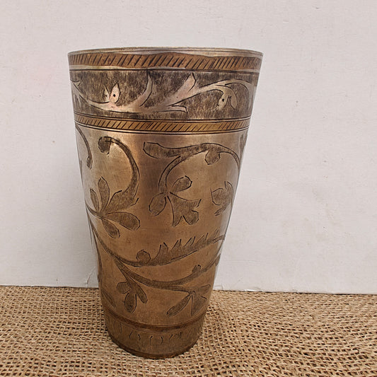 Vintage Brass Lassi Glass | Hand-Engraved Floral Motifs | Antique Indian Brassware | 9x9x15 Cms.