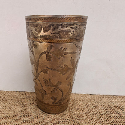 Vintage Brass Lassi Glass | Hand-Engraved Floral Motifs | Antique Indian Brassware | 9x9x15 Cms.