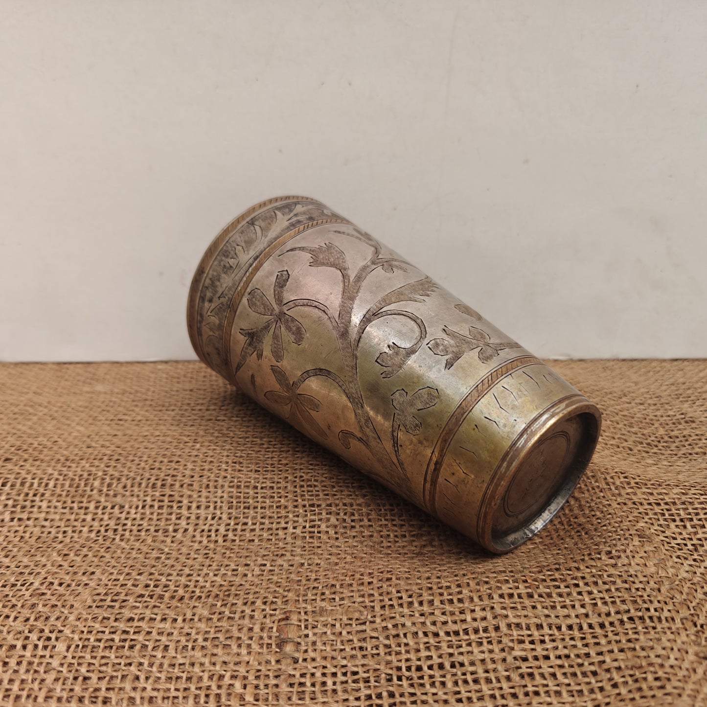 Vintage Brass Lassi Glass | Hand-Engraved Floral Motifs | Antique Indian Brassware | 9x9x15 Cms.