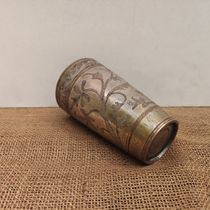 Vintage Brass Lassi Glass | Hand-Engraved Floral Motifs | Antique Indian Brassware | 9x9x15 Cms.