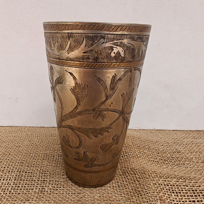 Vintage Brass Lassi Glass | Hand-Engraved Floral Motifs | Antique Indian Brassware | 9x9x15 Cms.